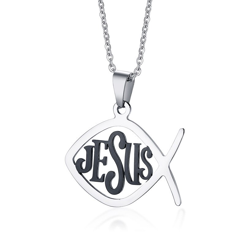 Jesus Fish Pendant Men's Necklaces Stainless Steel Chain Link Christian Necklace Religious for Him: Default Title