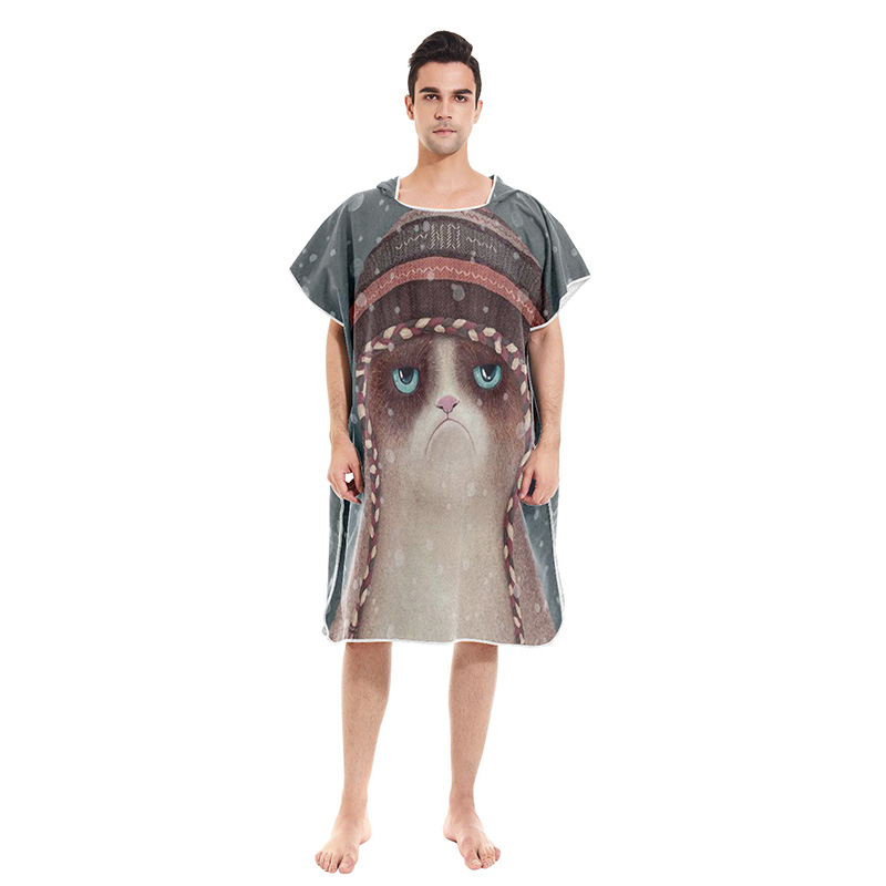 Vestido de toalla de playa con estampado de gato y dibujos animados, bata con capucha, Poncho, Toalla de baño para adultos, Surf en la playa, ropa de playa: 07C