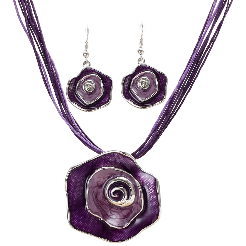 Zoshi Sieraden Sets Enamel Bloem Hanger Multilayer Leather Rope Set Ketting Oorbellen Set Voor Vrouwen