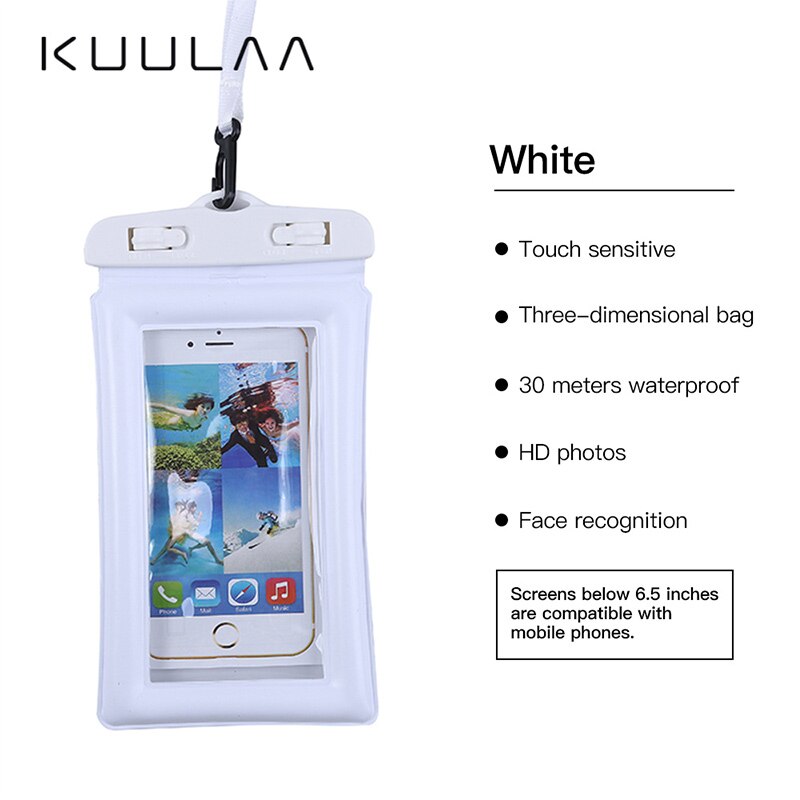 Kuulaa mobiltelefon vandtætte tasker med stropper forseglet pvc beskyttende etui cover undervands pose mobiltelefoner svømmetasker: Hvid