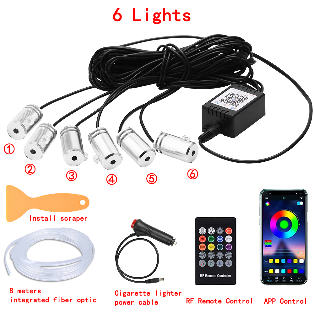 Tira de luces LED para Interior de coche, Kit de iluminación de neón de fibra óptica RGB con Control remoto por aplicación, lámparas decorativas automáticas: Color blanco cálido
