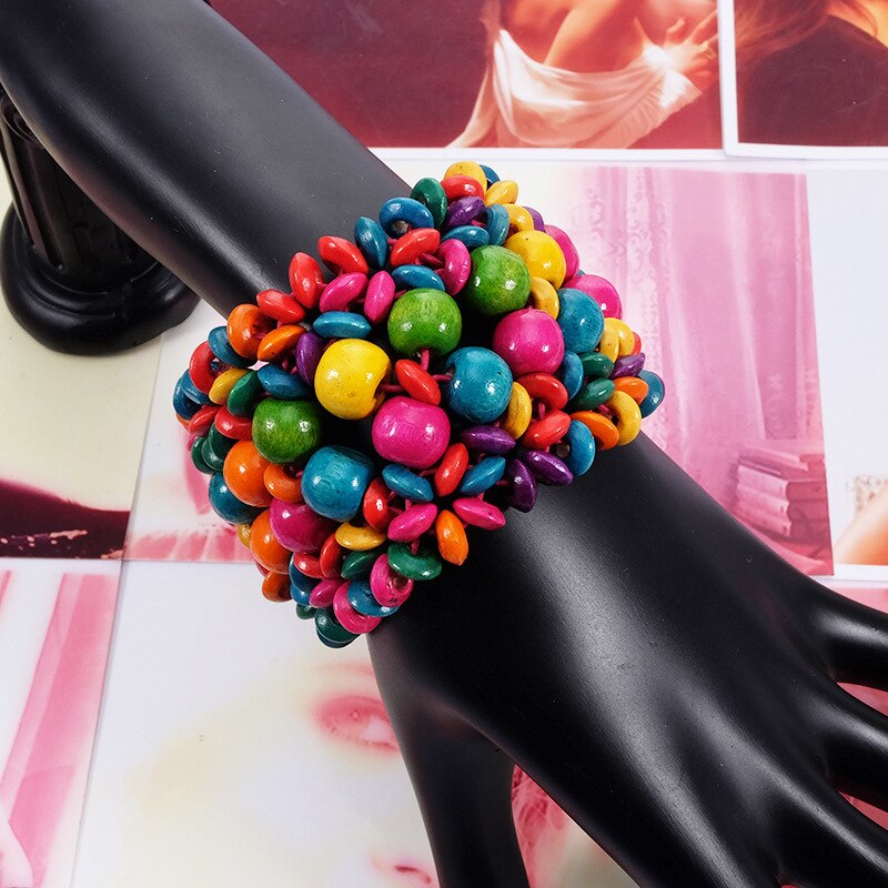 Pulsera elástica de cuentas de madera multicolor, joyería Bohemia para mujeres y niñas, accesorios para niños