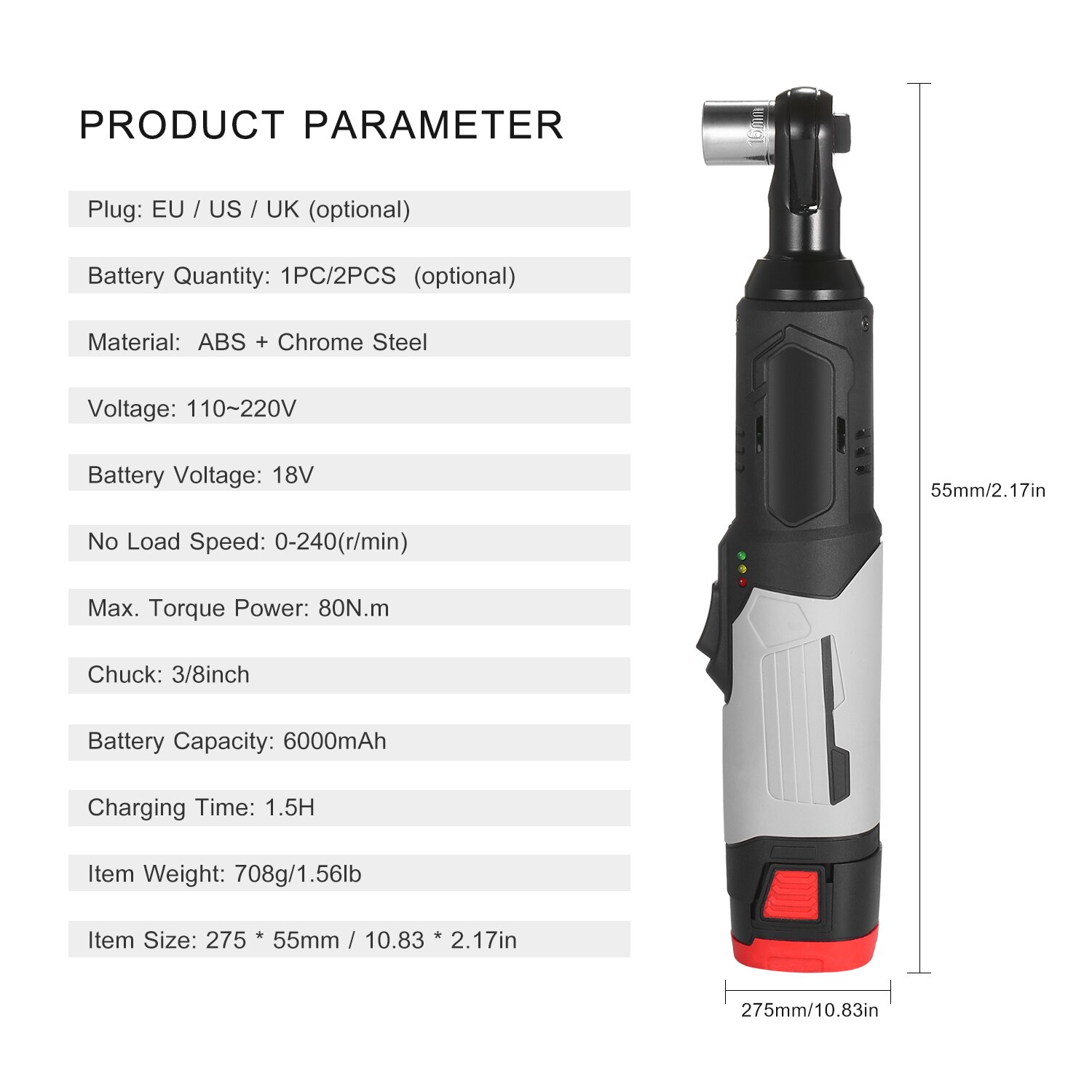 Chiave A Cricchetto Elettrica senza cordone 3/8 pollici 80N.M 240RPM 18V di Alimentazione Chiave A Cricchetto kit con 2 pacchetto 6.0ah Batteria Agli Ioni di Litio