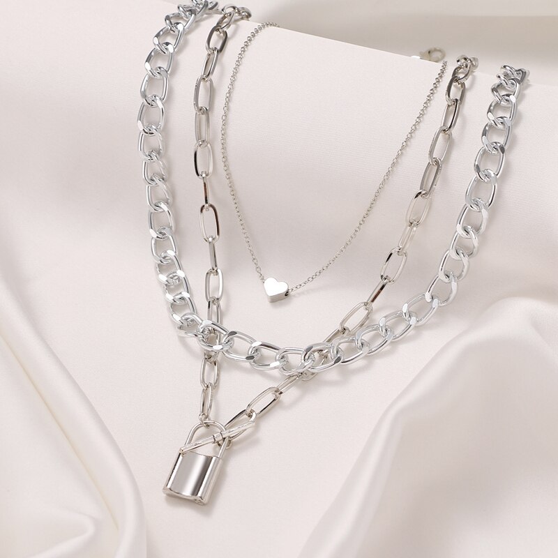 Punk Lock Liefde Hart Hanger Ketting Voor Vrouwen Mannen Multilayered Big Chunky Dikke Ketting Choker Gothtic Sieraden M6059: silver