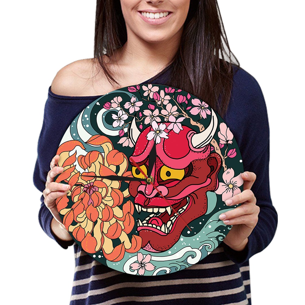 Gothic Style Red Oni Demon Mask Acrylic Wall Clock Japanese Dragon Peony Flower Wall Art Japan Sherpa Evil Home Decor Timepiece