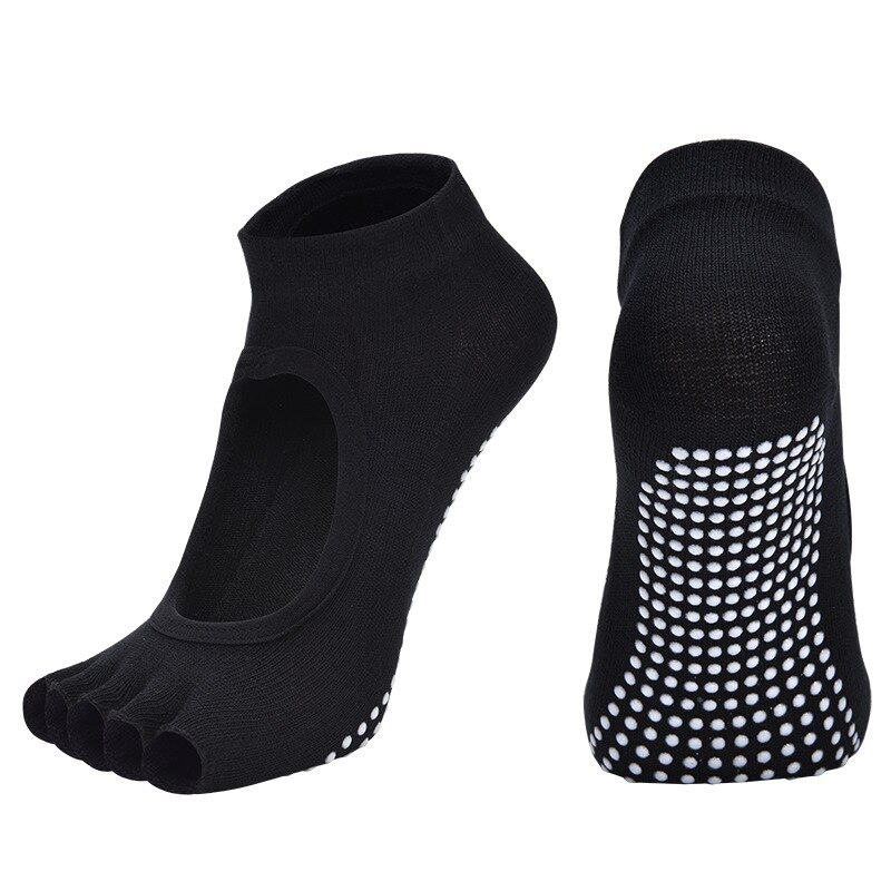 Breathable Backless Five Toe Yoga Socks Women Anti-slip Silicone Cotton GYM Dance Ballet Pilates Ladies Sports Slippers: Black
