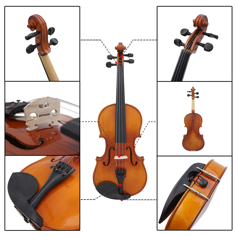 ammoon Full Size 1/4 Violin Fiddle Natural Acoustic Solid Wood Spruce Front Board Flame Maple Veneer for Beginner Student