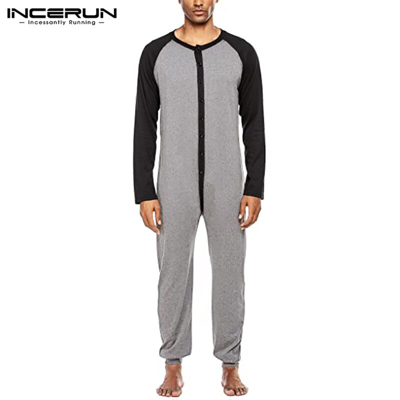 Man Long Sleeve O Neck Nightgown INCERUN Men Sleepwear Jumpsuits Leisure Patchwork Onesies Fitness Button Up Romper Homewear 5XL
