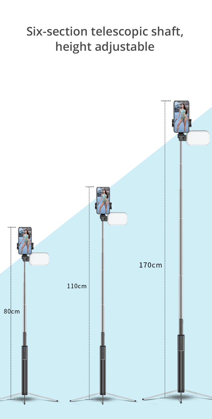 Uttrekkbart selfiestang stativ bluetooth fjernutløser bluetooth selfie pinne stativ med fylllys til mobiltelefon reise