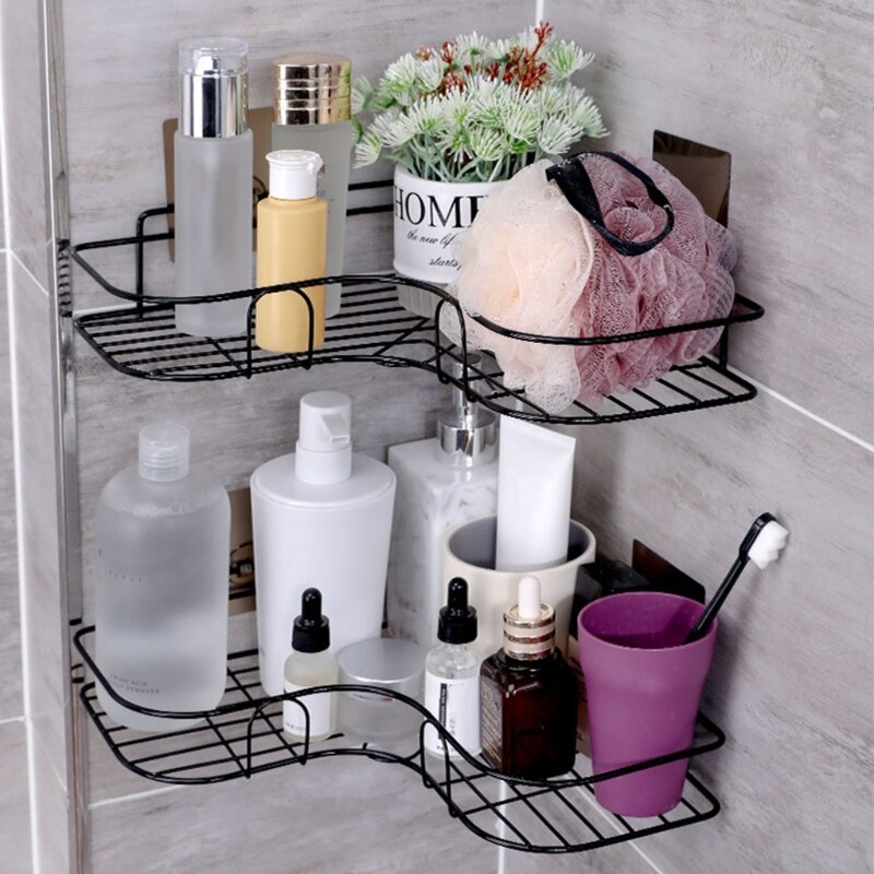 Self Adhesive Bathroom Shower Shelf Metal Wall Mounted Storage Organizer Rack Triangle Basket No Drilling