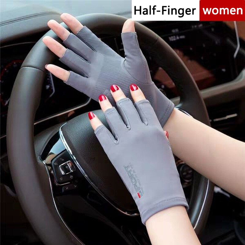 Sommer is silke halvfinger helhandsker kørsel cykling mænd elastisk uv-beskyttelse solcreme skridsikker kvinder to-finger handsker: Halvt kvinde-grå