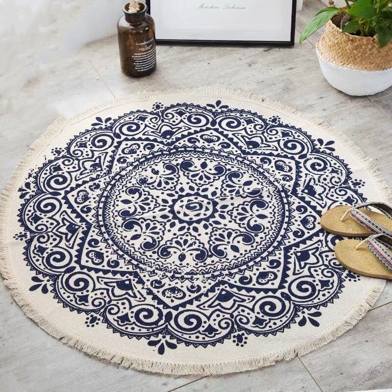 Nordisk bohemisk cirkel matta tofsar mattor bomull sovrum antislip dörrmatta yogamatta runda mattor för vardagsrum: B / Diameter 60cm
