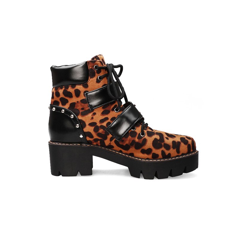 Morazora klassiska dam ankelboots spänne nit leopard fyrkantiga klackar plattformsstövlar höst vinter punk skor kvinna