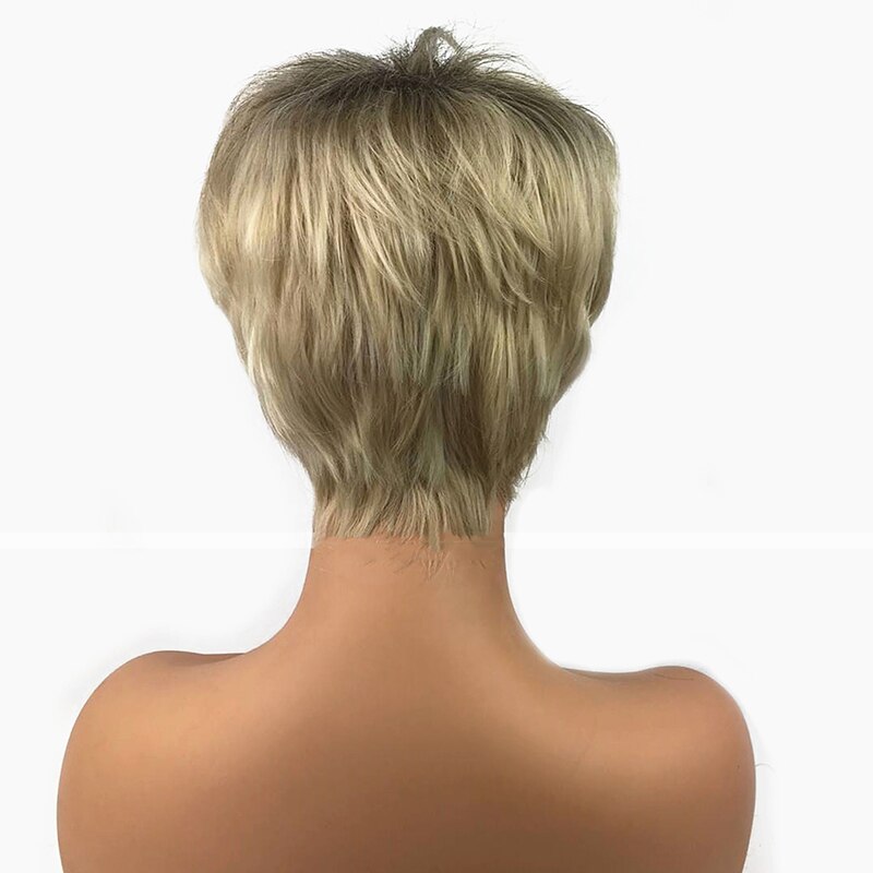 Hairjoy synteettiset hiukset naisten kultainen sekoitus värikerroksinen lyhyt suora lämmönkestävä kuituperuukki