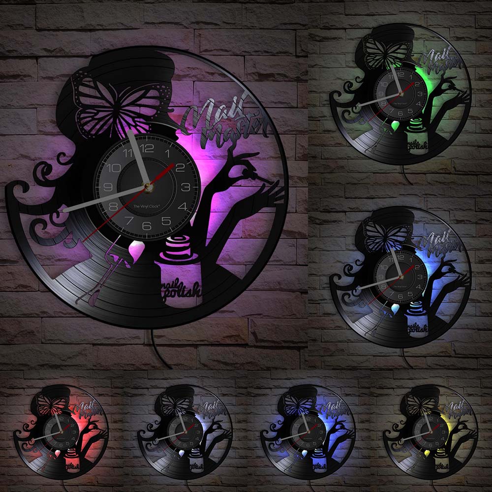 Horloge murale pour maître des ongles | Horloge murale faite de disque en vinyle Vintage, pour manucure, Studio de Salon de manucure, signe d'affaires, pour technicien des ongles: With LED