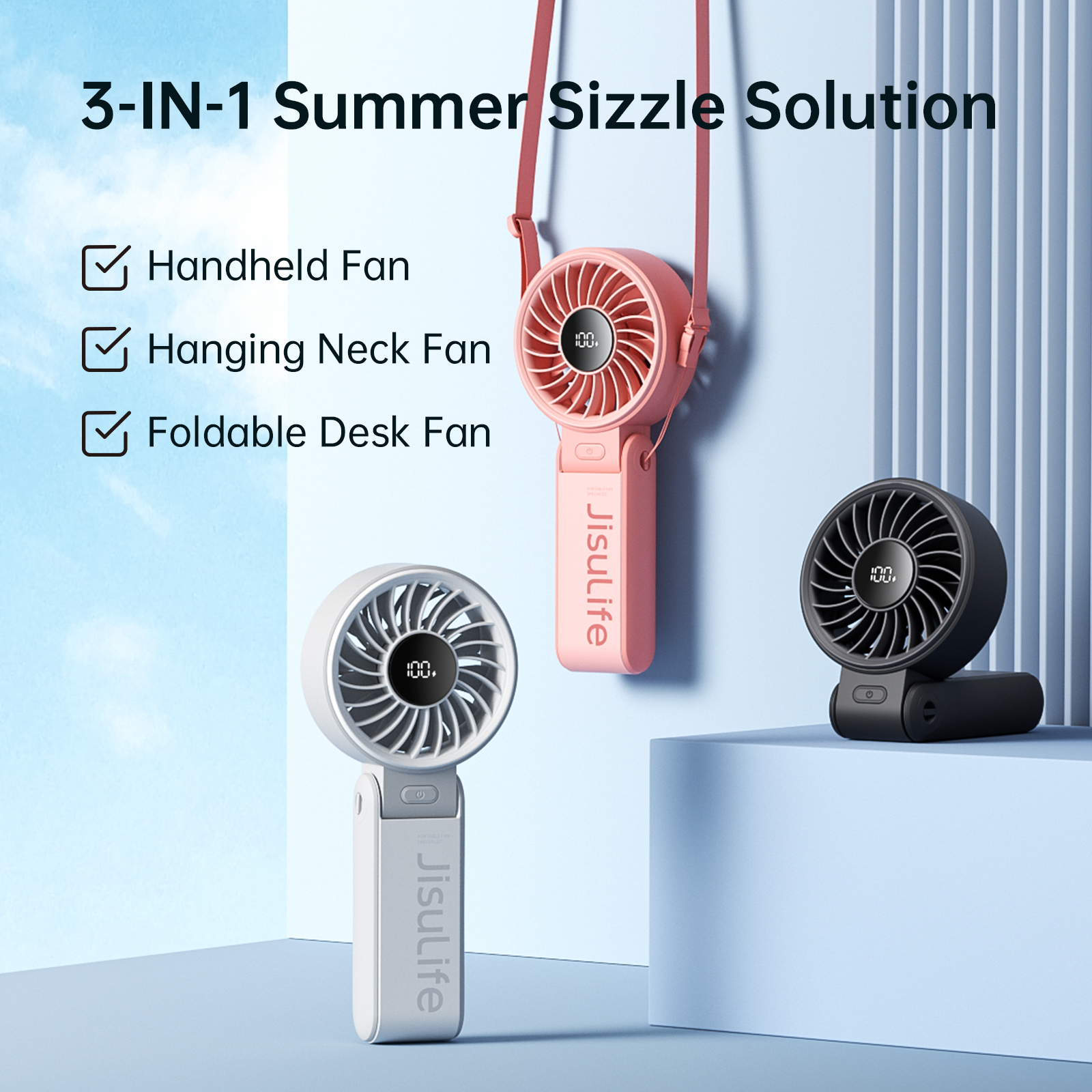 JISULIFE Ventilador portátil de mano con pantalla LED, 5 velocidades, 5000 mAh, 150 ° Ventilador personal multifunción plegado, 3 en 1 de mano/escritorio/cuello