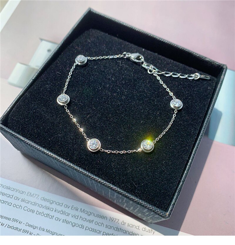 YUN RUO Rose Gold Color Luxury 5 Zircon Stone Bracelet Woman Titanium Steel Jewelry Not Change Color: silver / bracelet 20 cm