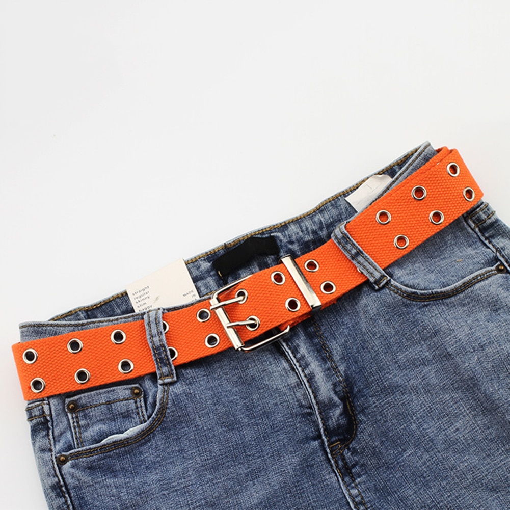 Cinturones de lona ancha para hombre y mujer, cinturón informal de doble Agujero hueco con hebilla, correa ajustable de Color sólido, pantalones vaqueros para estudiantes: Orange