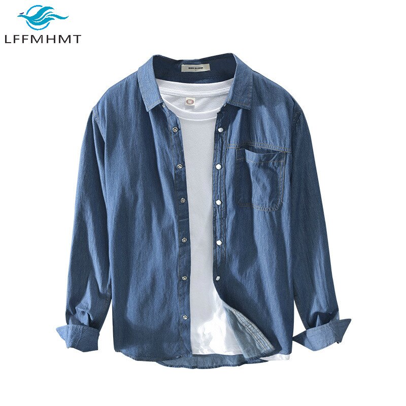 Wiosna jesień moda męska Solid Color z długim rękawem niebieska koszula dżinsowa męski Japan Style wysokiej jakości prosty Casual Slim Fit Top bawełniany