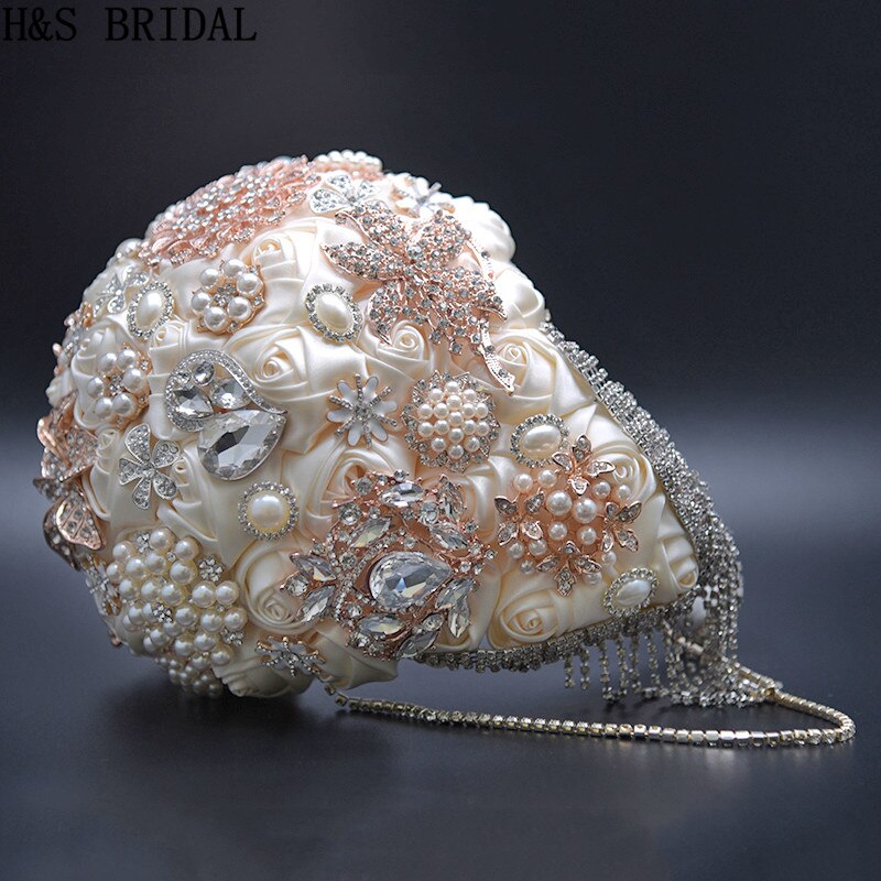 H &amp; S BRIDAL Teardrop Bruidsboeket Rose Bruids Bloem Boeket Handgemaakte Crystal Bruidsboeket Waterval boeket de mariage