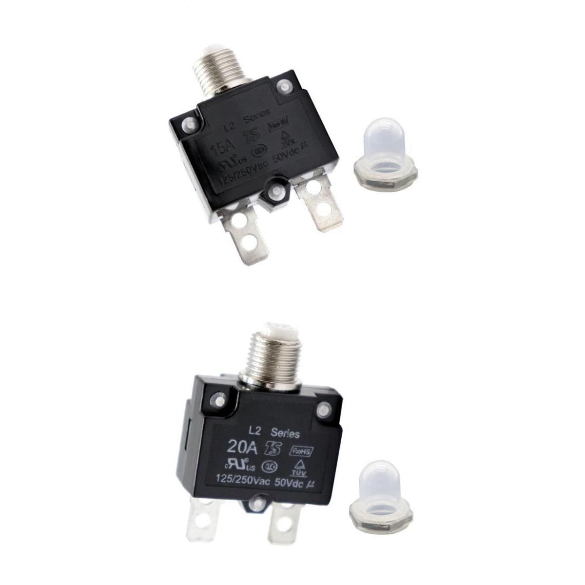 Disjoncteur à bouton poussoir 50V DC | 2 pièces 15/20A AC 125/250V, montage en trou rond 3/8 pouces (10mm), capuches de boutons transparents