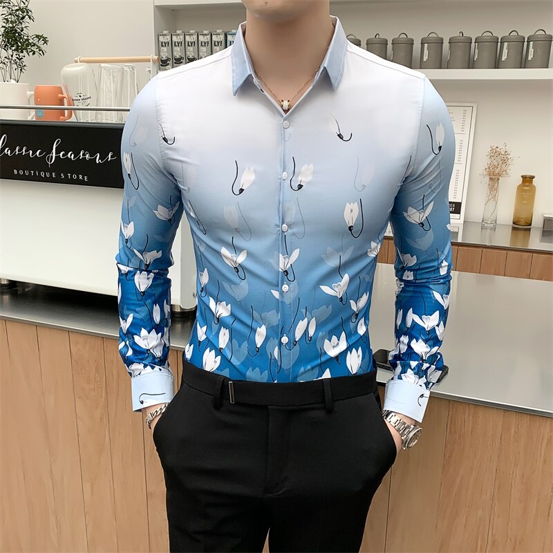 Mode Herfst Bloemen Shirt Mannen Camisa Hombre Koreaanse Slim Fit Casual Mannen Sociale Shirts Lange Mouwen Night Club Luxe Blouse: Blue / Korean XXXL 72-77kg