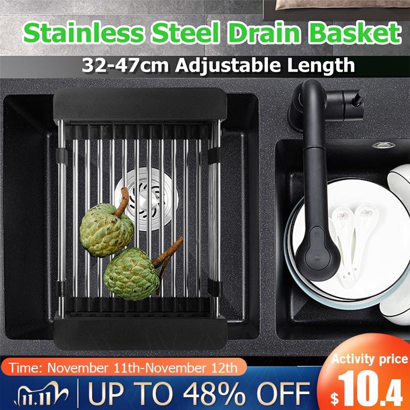 Stainless Steel Adjustable Telescopic Kitchen Over Sink Dish Drying Rack Insert Storage Organizer Fruit Vegetable Tray Drainer