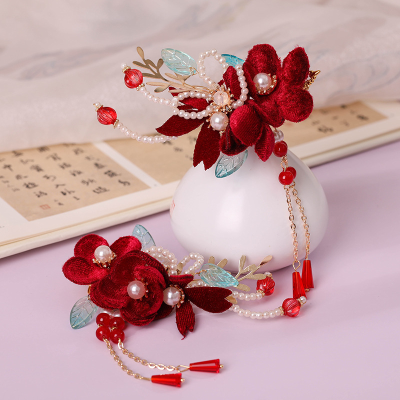 Horquilla con borla de flor roja, Clip de pelo lateral de estilo tradicional chino, tocado de hada para niñas, joyería para el cabello de novia para boda,: PLATEADO