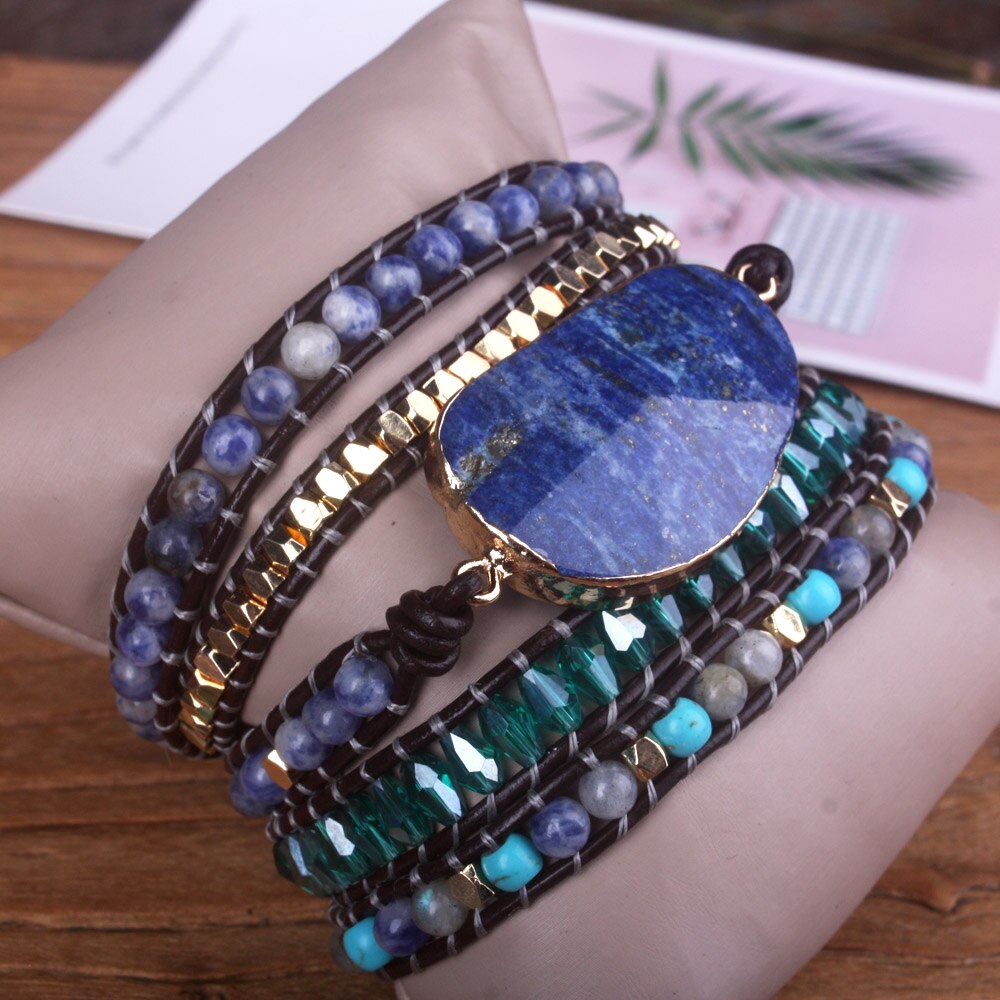 Neue Frauen Leder Multilayer Armband Einzigartige Mixed Natürliche Lapis Lazuli Charme 5X Wrap Armbänder Handgemachte Boho Stil Armband