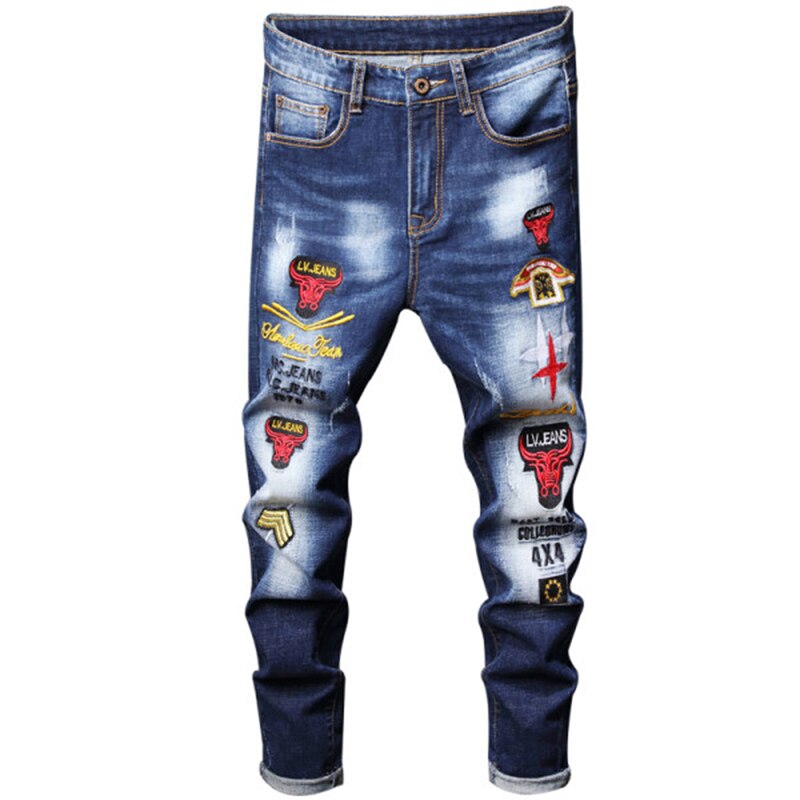 Mens Denim Embroidery Hole Jeans Stretch Distressed Ripped Jeans Men Spring Autumn Hip Hop Pants Streetwear