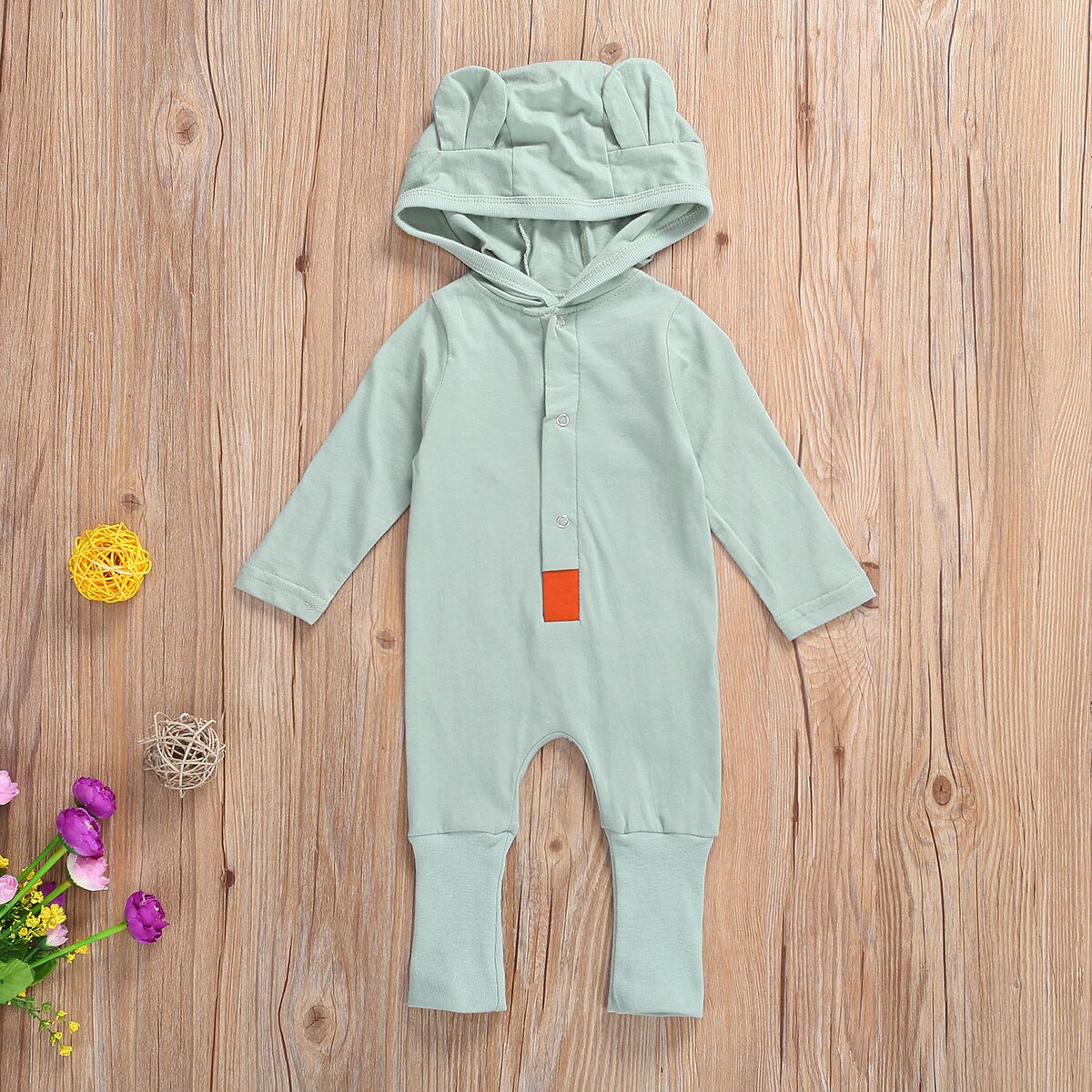 Focusnorm 0-18M Herfst Winter Kids Meisjes Jongens Warm Jumpsuits Effen 3D Oren Capuchon Lange Mouw Knop Rompertjes