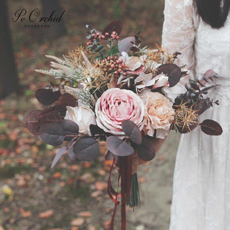 Peorchid vintage bryllupsbuket til bruden eucalyptus bouquet de noiva colorido kunstige blomster kaster buket