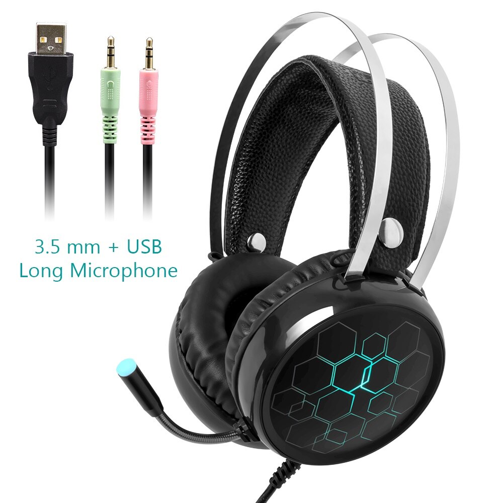 spilling hodetelefon 3.5mm usb kablet ledet lys øretelefon stereo omgi gamer headset med mikrofon til pc datamaskin bærbar pc  ps4: 3.5mm lange mikrofoner
