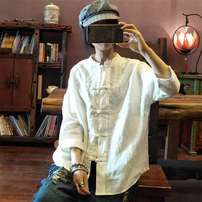 Tang Suit for Ladies Summer Chinese Retro Style Thin Flax Long Sleeve Soft Solid Color Cardigan Tops Casual Clothing