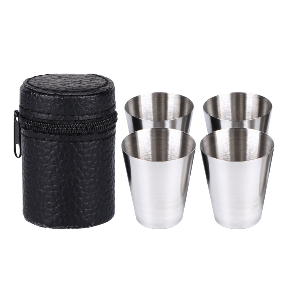 4 Stuks 30Ml Rvs Cups Bier Whiskey Mokken Outdoor Travel Cups Schot Kopjes Drinken Met Zwart Lederen carrying: Default Title
