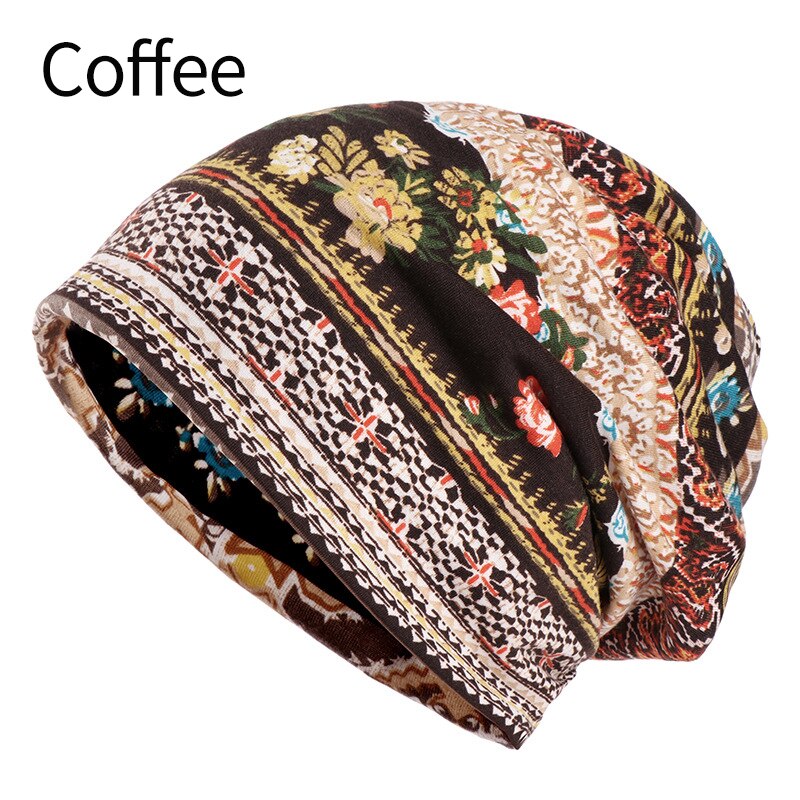 Blød åndbar sommerblomstret print kemokræft beanie nightcap muslimsk islamisk hat sovhue: Kaffe