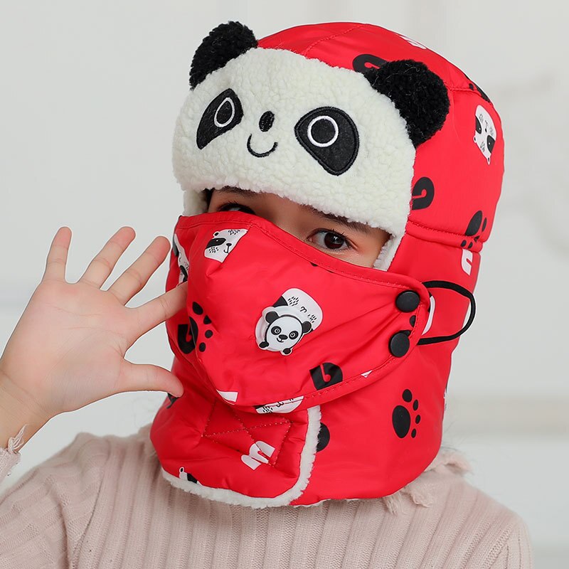 Gorros de bombardero afilados de panda para niño y niña, gorro de invierno con bufanda, máscaras de cuello, gorro de nieve de algodón, orejeras, sombrero ruso, máscara cálida: red