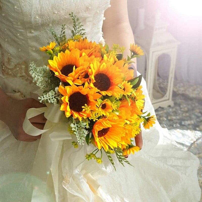 Kunstmatige Zonnebloemen Boeket 6Pcs Enkele Lange Stem Bridal Wedding Boeket Gele Bloem Indoor Garden Party Decoraties