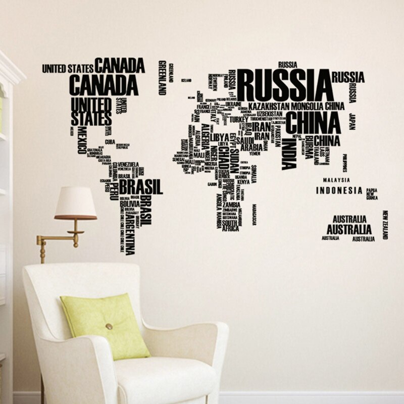 Bokstaver verdenskart vegg stikers kontor stue dekor global kart veggmaleri kunst diy