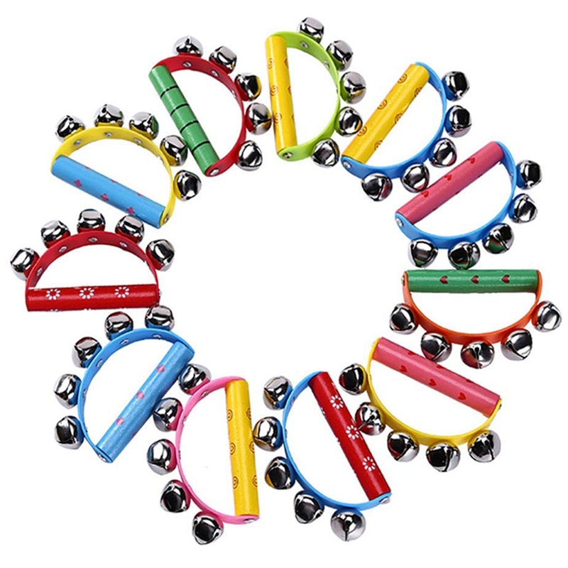 10 stk levende farve jingle klokker slæde klokker instrument på træhåndtag til baby børn børn musikalske legetøj: Default Title