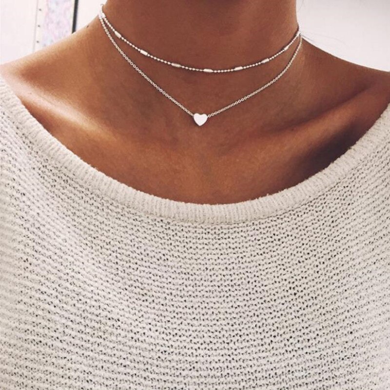 Trendy Girocolli Per Le Donne Oro Argento Colore Doppio Strato Collana Di Modo Regalo Per Amico Del Cuore Dei Monili del Collo Dropshipping