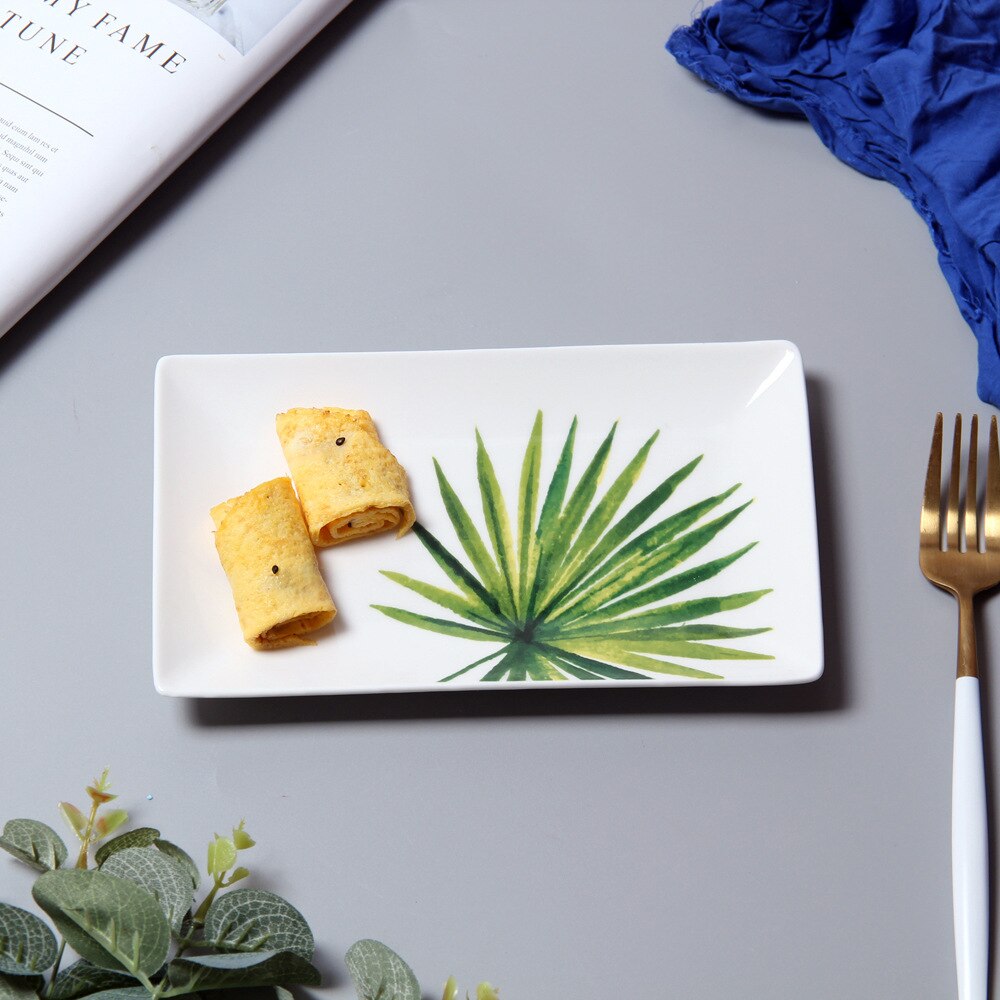 8 Inches Nordic Leaf Rectangle Ceramic Plate Green Plant Porcelain Dinner Plate Dessert Steak Sushi Tray Snack Dish Tableware: Palm