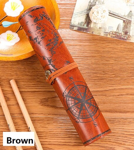 Mariyana etui retro schatkaart etui vintage luxe oprolbaar zakje leren pu etui schrijfwaren: Bruin