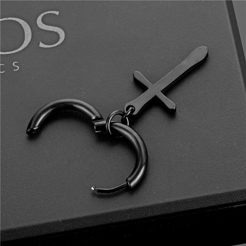 Pendientes de aro Punk negros de acero inoxidable para hombres y mujeres, pequeños colgantes de Cruz redonda de , accesorios de joyería, pendientes