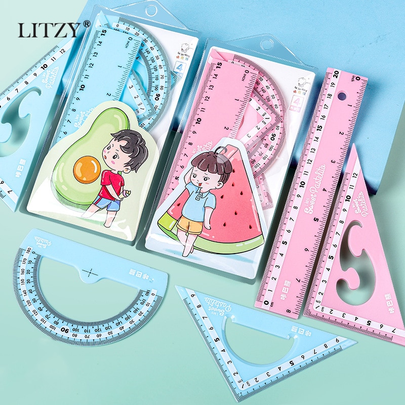 Juego de 4 Uds. LITZY de regla Kawaii, compás matemáticos, papelería escolar, reglas rectas de plástico de 15/20cm, suministros de oficina