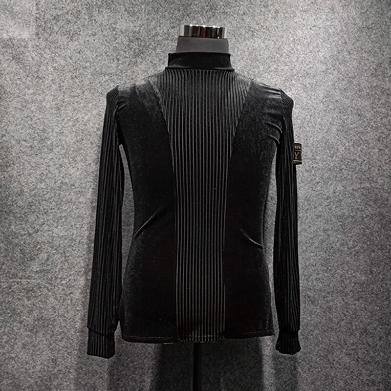 Camisas de baile latino para hombre, de terciopelo negro, mangas largas, ropa de rendimiento para competición, Rumba Cha Samba Tango, ropa masculina DN4826