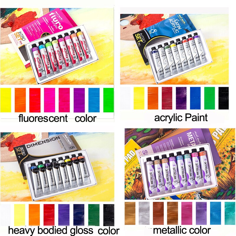 8 Colors 18ml Acrylic Paint Set Artist Fluorescent Metallic Color Fabric Paint for Painting Clothing Pigment Art Paints Supplies