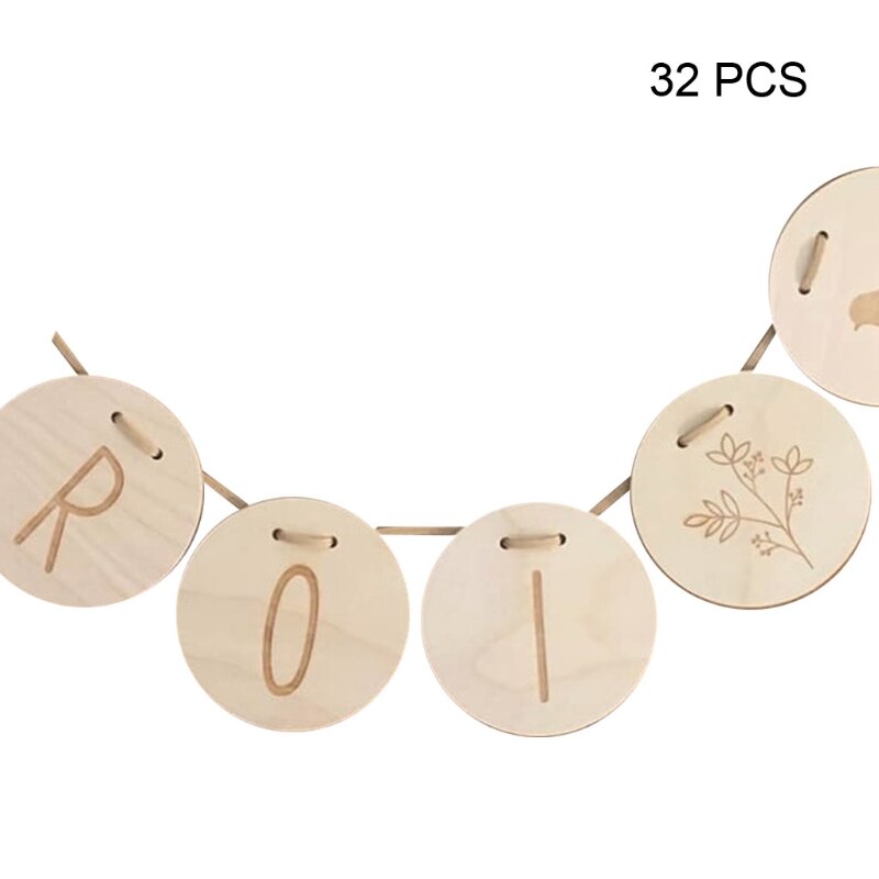 28EC – étiquette en tranches de bois naturel, avec corde, lettres en bois de tilleul, pour carte, bannière suspendue, 1 ensemble: Round 32 pieces