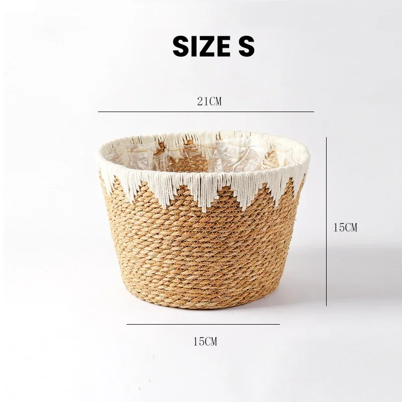 Macetero Natural, cesta de mimbre, maceta, cesta de plantas de paja de ratán para el hogar, organizador de jardín, decoración de 22/25/32cm: Blanco