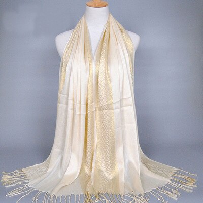 Hijab Femme Musulman Luxury Sparkly Gold Bright Silk Scarf Women Print Scarves Wraps Men Stoles Bandanas Bufanda Unisex Hombres: Beige